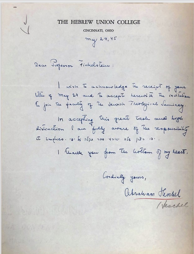Letter from Heschel to JTS Chancellor Louis Finkelstein accepting a position at the seminary.